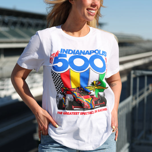 1983 Indy 500 Race T-Shirt In White - Front View On Model
