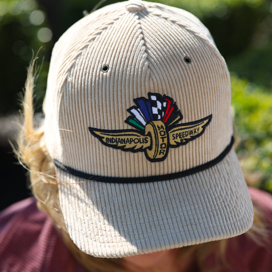 Indianapolis Motor Speedway WWF Corduroy Zephyr Hat in Brown - Front View On Model