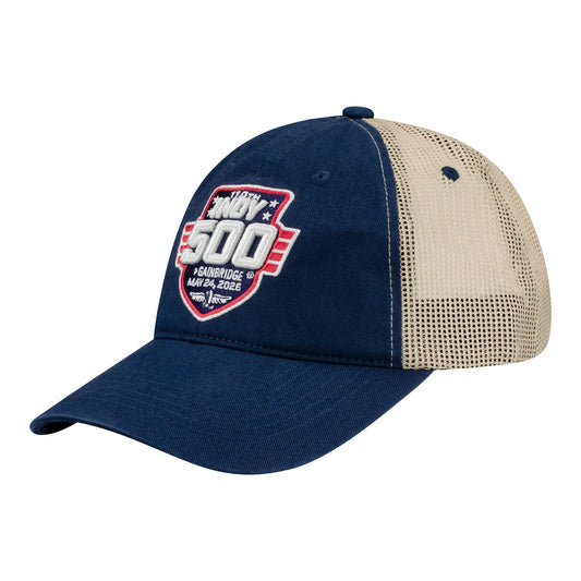 2026 Indy 500 Event Meshback Navy/Stone Hat in Blue - Front Left View