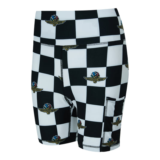 Ladies Wing Wheel Flag Checkered Mosaic Biker Shorts In Black & White - Front View
