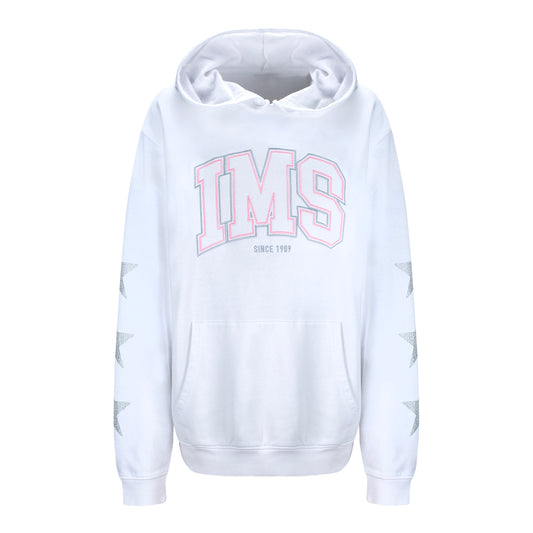 IMS Rhinestone Star Sleeves Everybody Campus Hoodie in White - Front View