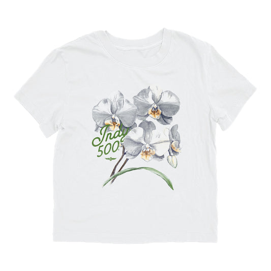 Indy 500 Orchid Ladies Cropped T-shirt in White - Front