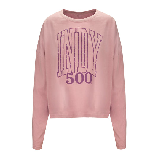 Ladies Indy 500 Bisque Rhinestones T-shirt in Pink - Front View