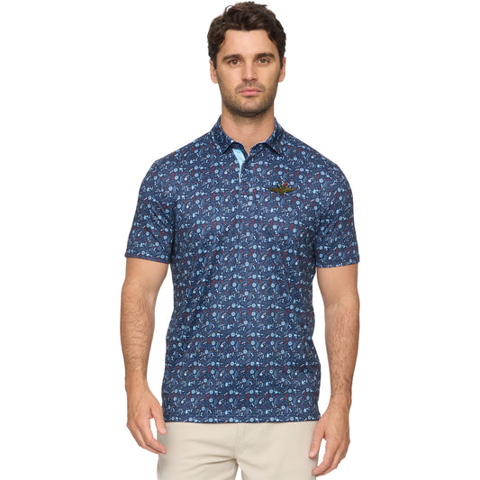 Wing, Wheel, and Flag Americana Summer BBQ Polo in Blue - Front View