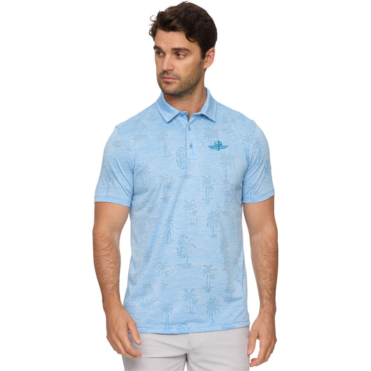 Wing, Wheel, and Flag Southlake Palm Print Polo in Blue - Front View