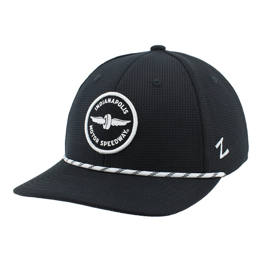 Indianapolis Motor Speedway Circle Patch Zephyr Rope Hat in Black - Front Left View