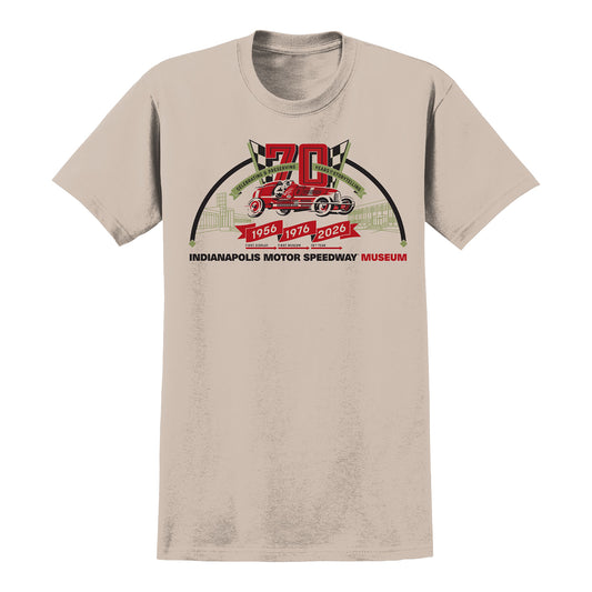 70th Anniversary IMS Museum T-Shirt in Tan - Front View