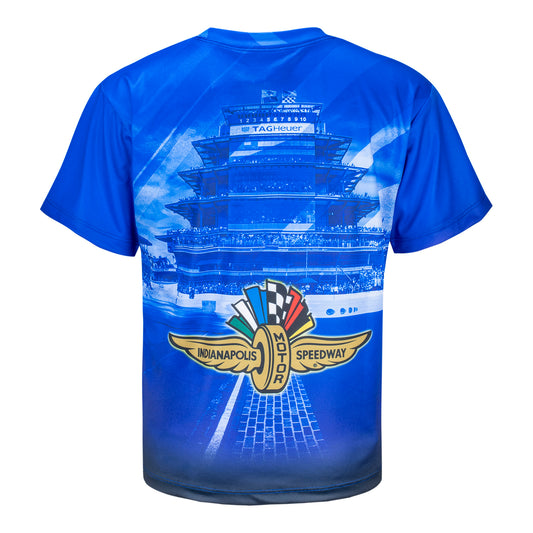 Indianapolis Motor Speedway Wing Wheel Flag Sublimated Youth T-Shirt - back view