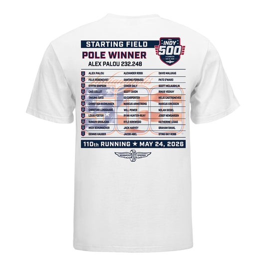 Youth 2026 Indy 500 Starting Field T-Shirt in White - Back View