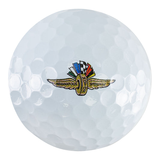 Brickyard Crossing Wing Wheel Flag TaylorMade Golf Balls in white with logo, front side