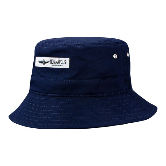 Wing and Wheel Cotton Bucket Hat in navy, side view