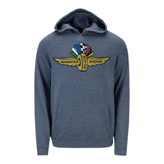 Wing Wheel Flag Distressed Logo Sweatshirt in navy frost, front view