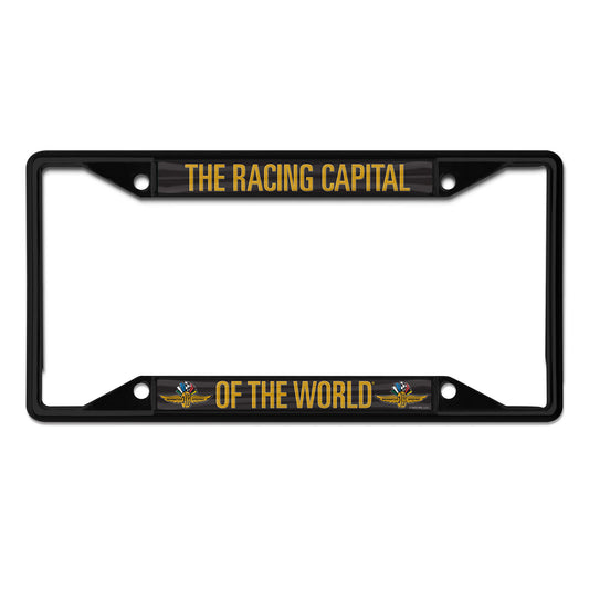 Wing Wheel Flag Metal License Plate Frame in black, front view