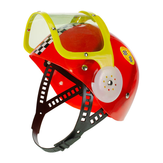 Kids Plastic Racing Helmet - Left Side View with Goggles Raised