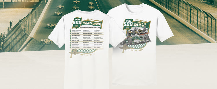 The IMS 2025 Starting Field T-Shirt front and back on a green and gold racetrack background