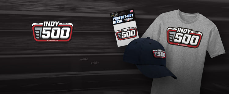 2027 Indy 500 Blue Hat, Grey T-Shirt & Multi-Color Decal On Dark Grey Background With Racing Theme