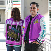 1996-Inspired Indy 500 Bomber Jacket In Purple - Front & Back View On Models