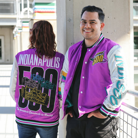 1996-Inspired Indy 500 Bomber Jacket In Purple - Front & Back View On Models