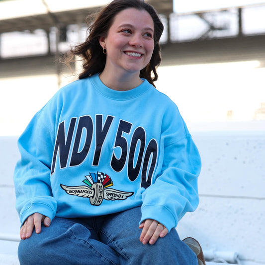 Indianapolis Motor Speedway Women's 47' Oversized Crewneck in Blue - Front View On Model