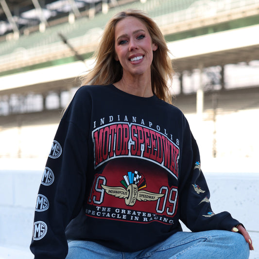 Indianapolis Motor Speedway Women's '47 Brand Glittered Oversized Crewneck In Dark Blue- Front View On Model