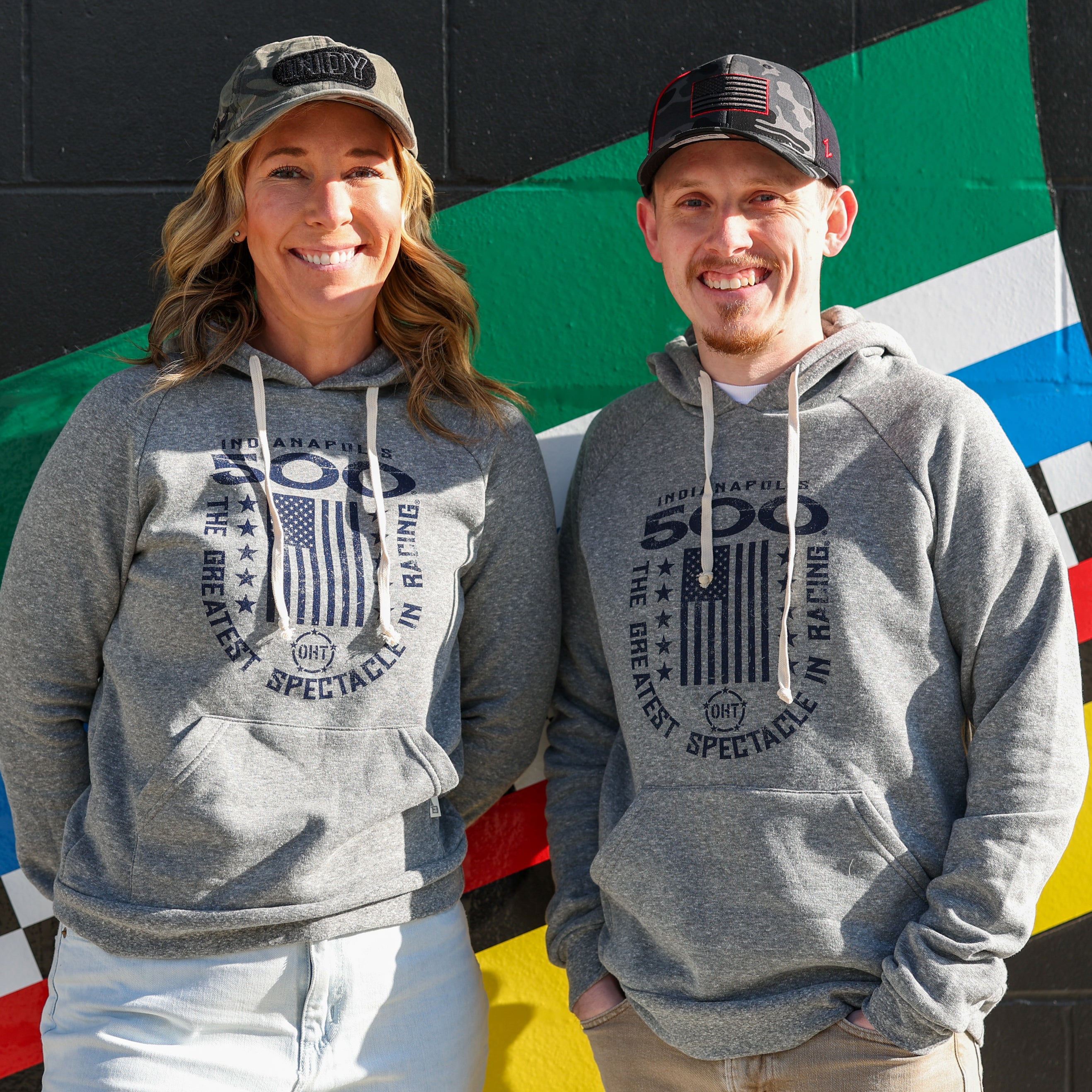 2026 Indy 500 OHT Honor Flag Hoodie In Grey - Front View On Female & Male Models