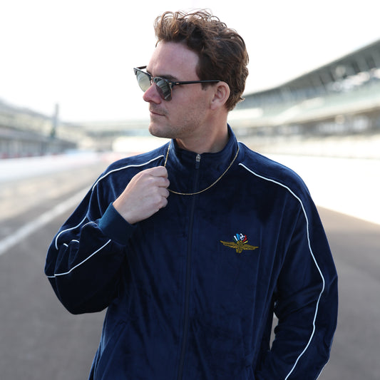 Men's Wing Wheel Flag Velour Full-Zip Jacket In Blue - Front View On Model