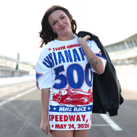 Ladies Indy 500 Oversized T-Shirt Dress In White, Blue & Red - Front View On Model