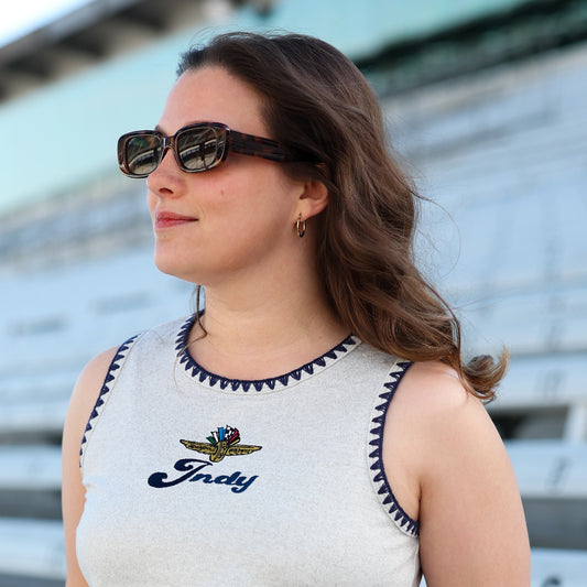 Ladies INDY Wing Wheel Flag Stitched Tank In Grey - Front View On Model