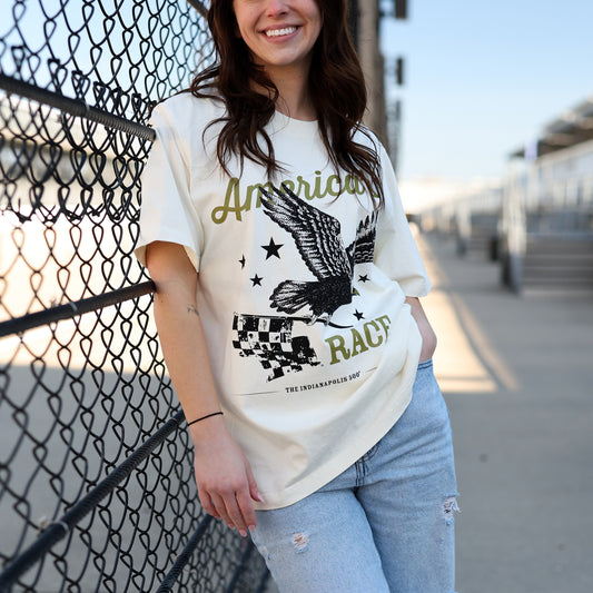 Indianapolis 500 America's Race Eagle T-Shirt in White - Front View On Model