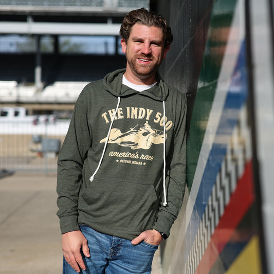 Indianapolis Motor Speedway America's Race Hooded Sweatshirt In Green - Front View On Model