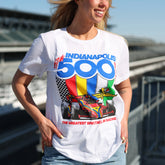 1983 Indy 500 Race T-Shirt In White - Front View On Model
