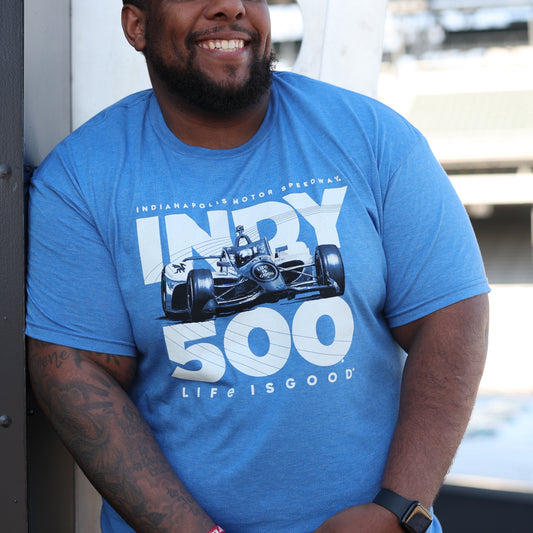 Indy 500 Life is Good Car T-Shirt In Blue - Front View On Model