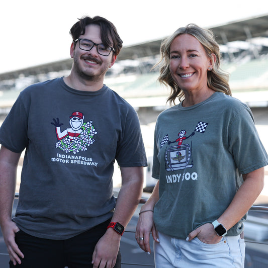 Indianapolis Motor Speedway Life Is Good Wreath T-shirt in Grey - Front View On Model