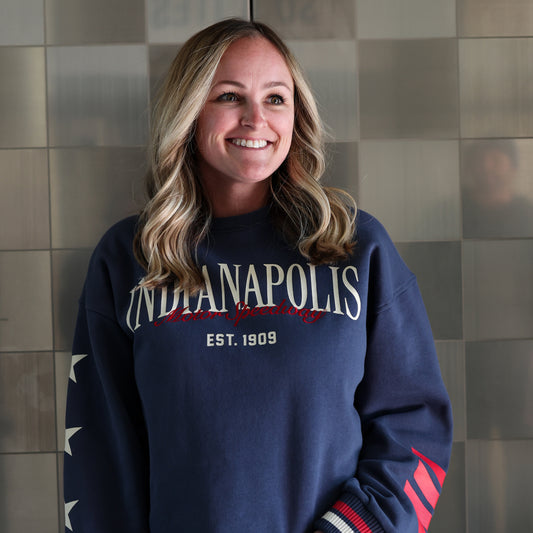 Ladies Indianapolis Motor Speedway Puff Sleeved Crewneck In Blue - Front View