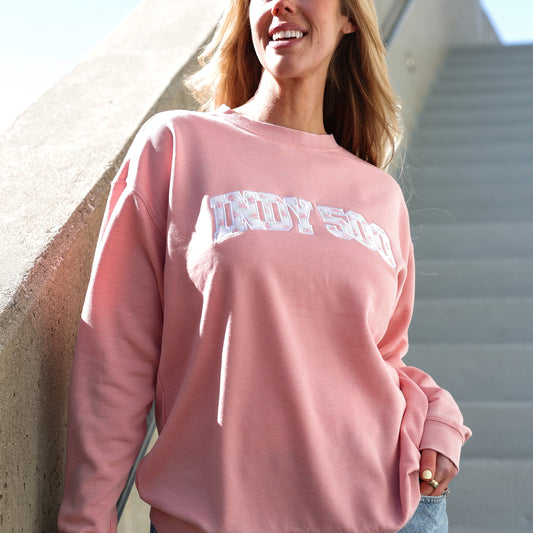 Indy 500 Rose Print Campus Crew in Pink - Front View On Model