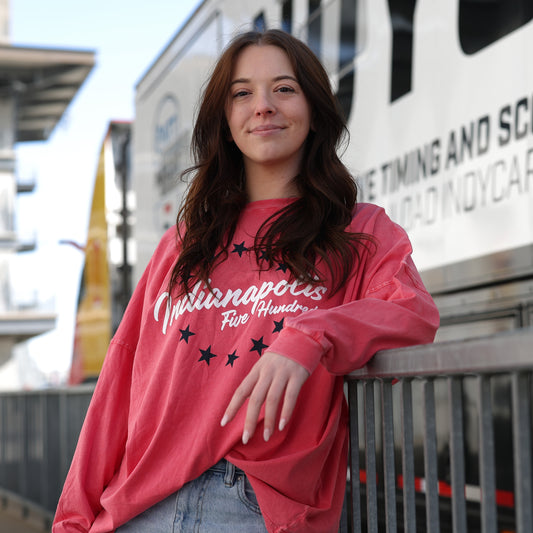 Ladies Indy 500 Stars Big Shirt in Pink - Front View On Model
