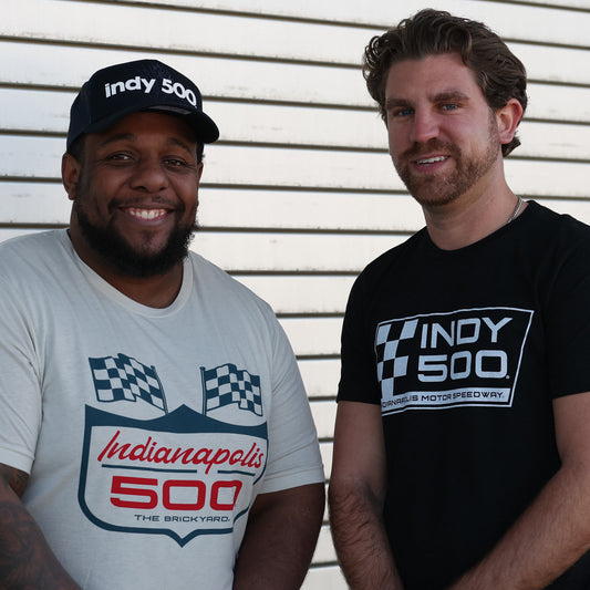 Checkered Flag Wing Wheel Cement T-shirt in White - Front View On Model With Other Model In Black Shirt