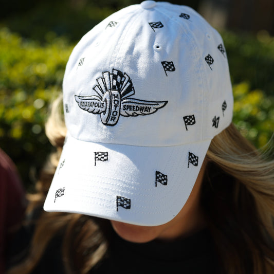Ladies Wing Wheel Flag All Over Checkered Flag Hat in White - Front View On Model