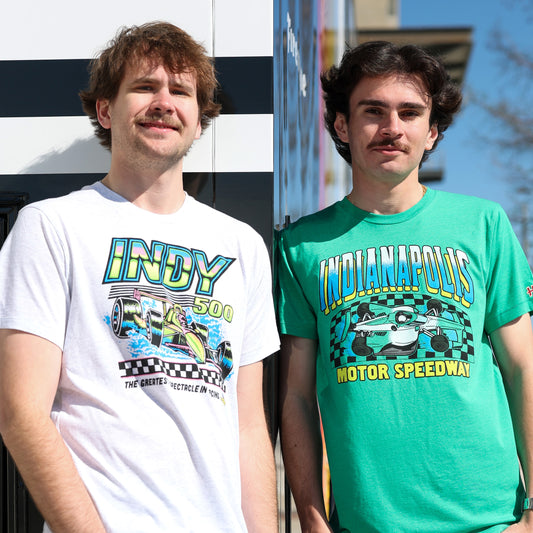 Indy 500 Homage Throwback Neon Indy Car T-Shirt In White - Front View On Model With Other Model In Green Shirt