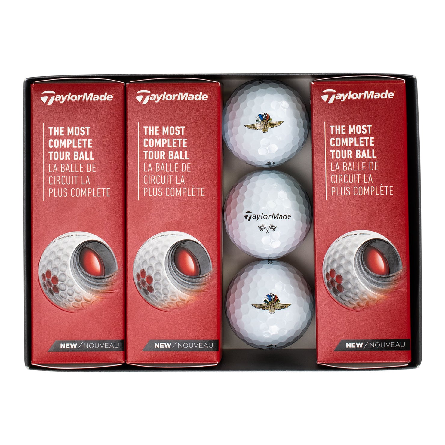 Brickyard Crossing Wing Wheel Flag TaylorMade Golf Balls, inside box view