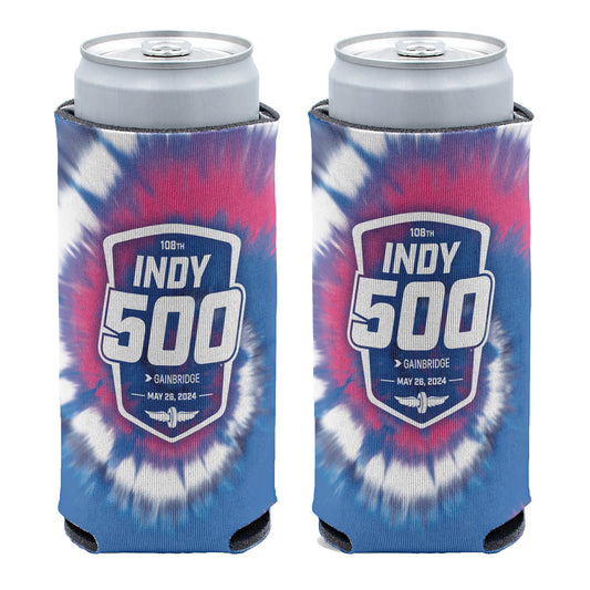 2024 Indy 500 Tie Dye Slim Can Cooler - front and back view