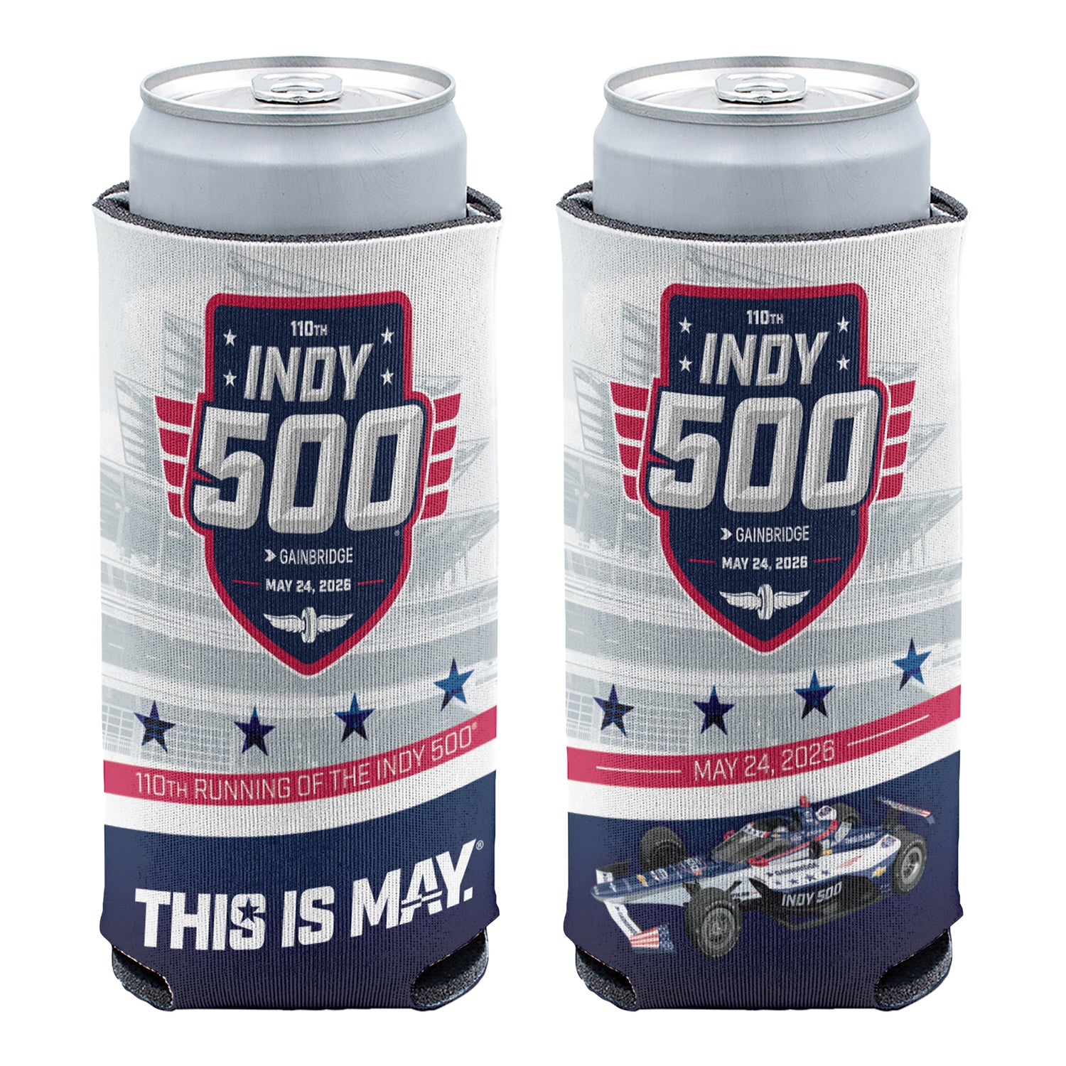 2026 Indy 500 Slim Event Can Cooler in White - Front and Back View