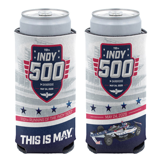 2026 Indy 500 Slim Event Can Cooler in White - Front and Back View