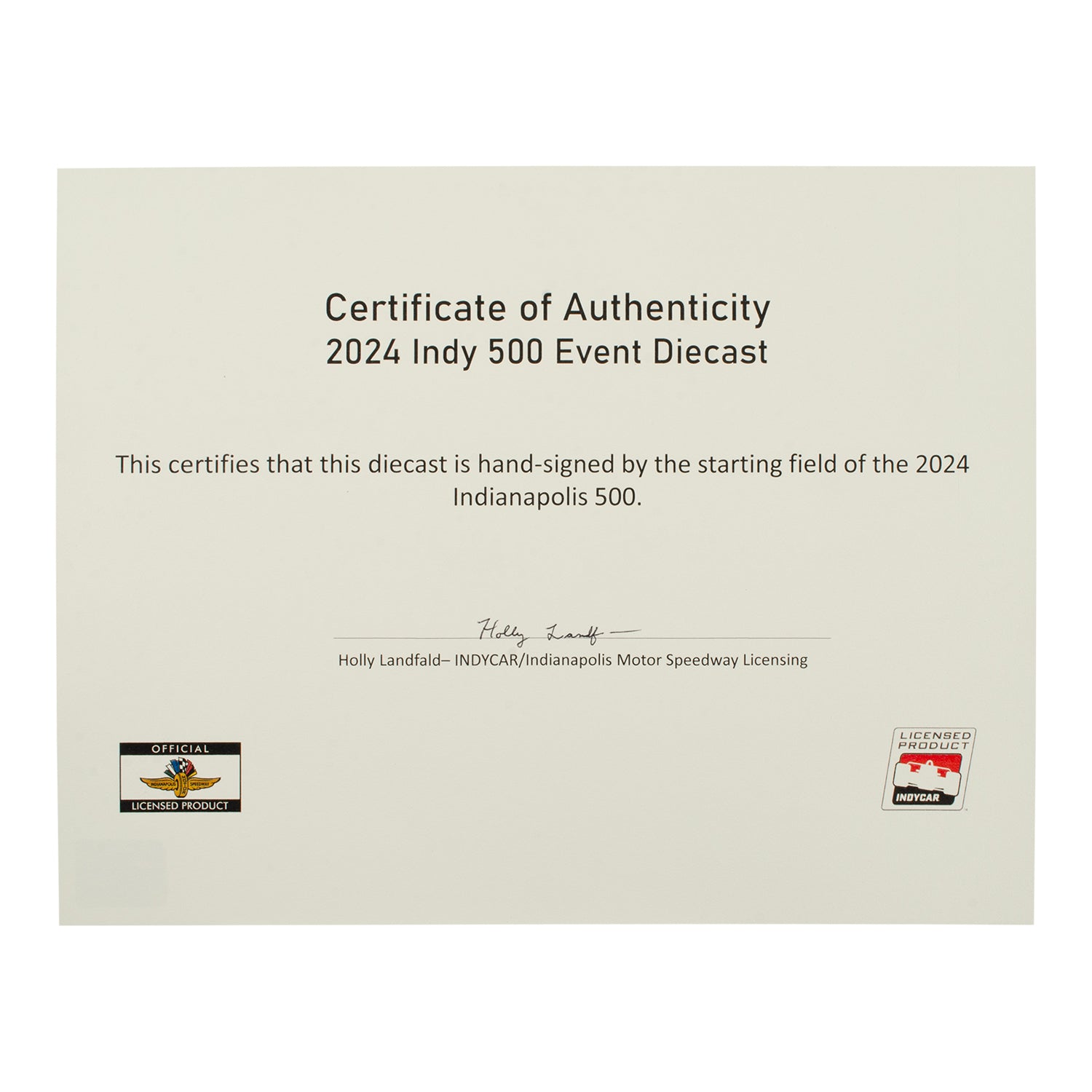 2024 Indy 500 Autographed 1/18 Event Diecast Certificate of Authenticity - Front View