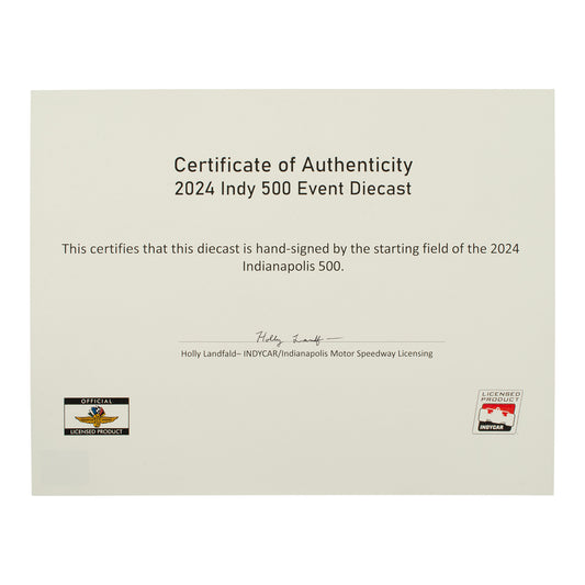 2024 Indy 500 Autographed 1/18 Event Diecast Certificate of Authenticity - Front View