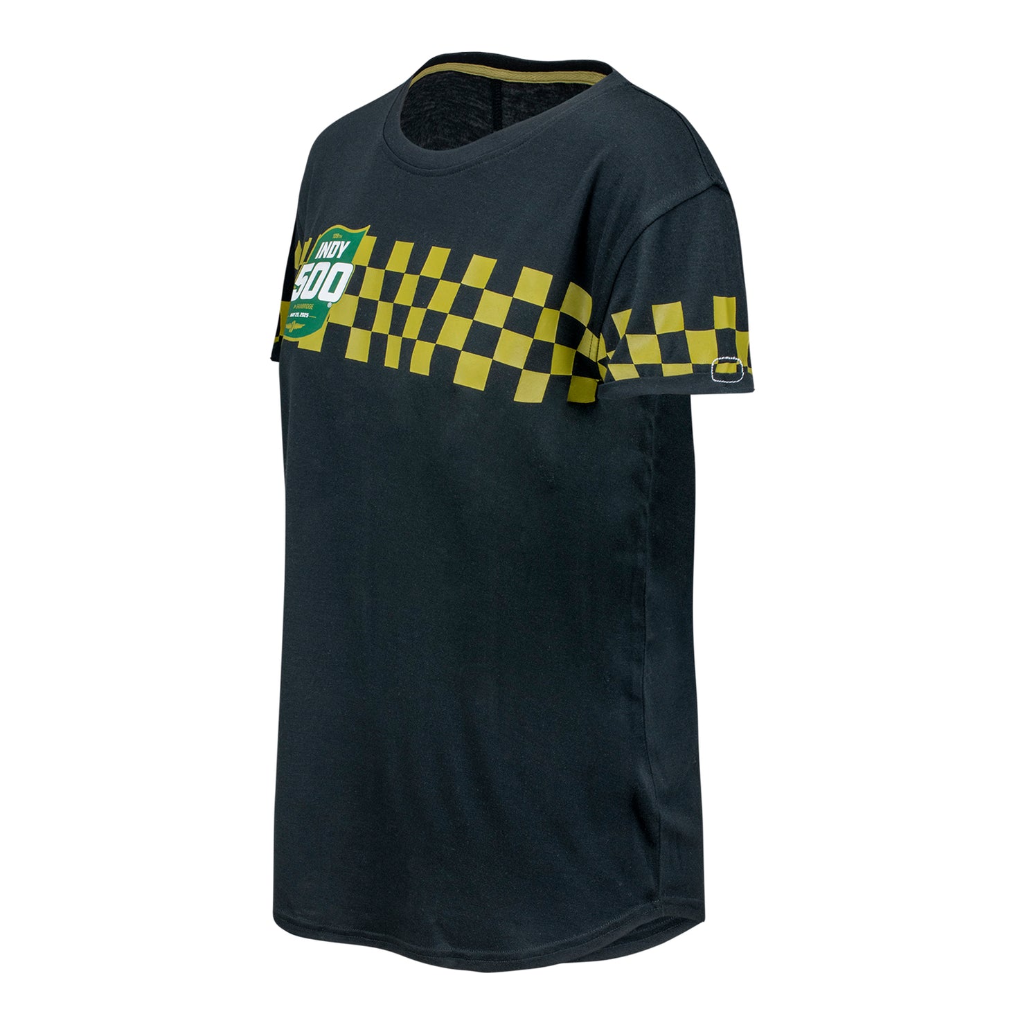 Ladies 2025 Indy 500 Checkered Rolled Sleeve T-Shirt in Black - Front Left View