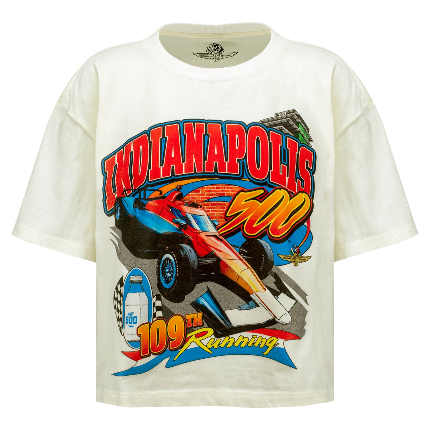 Ladies 2025 Indy 500 Boxy Crop Top in White - Front View