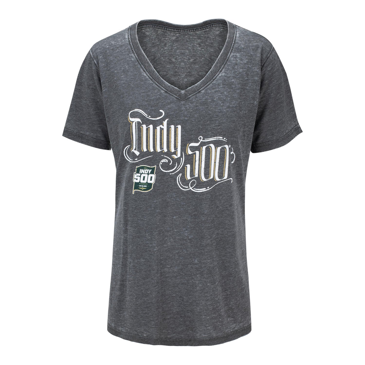 Ladies 2025 Indy 500 Burnout V-Neck T-Shirt in Grey - Front View