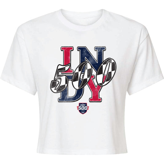 Ladies Indy 500 2026 Checkered T-shirt in White - Front View