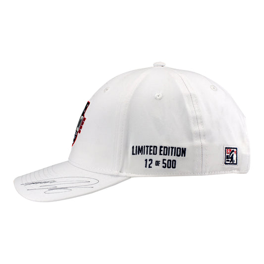 2026 Indy 500 LE #12 Starting Field Hat Autographed by Takuma Sato in White - Left Side View